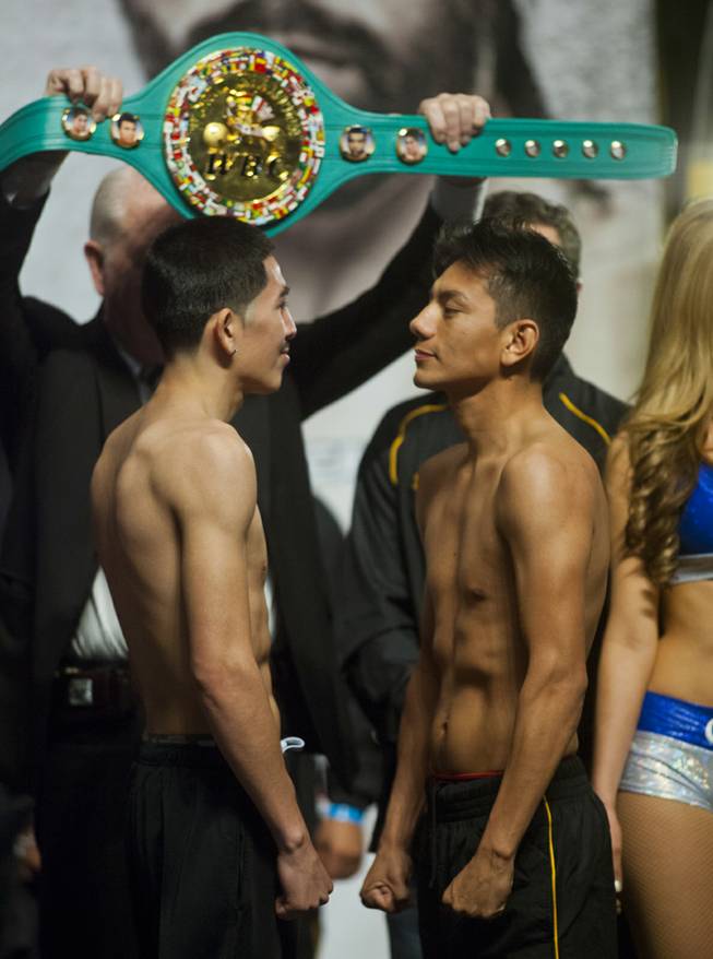 WBC Super Bantamweights Leo Santa Cruz and Cristian Mijares, both of Mexico, face off following their weigh-ins at the MGM Grand Arena on Friday, March 07, 2014.